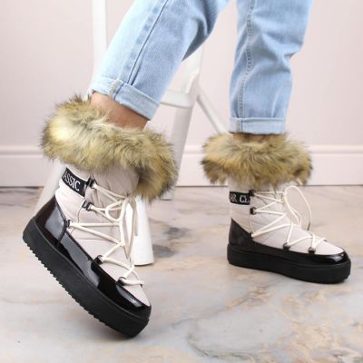 3. Plateau-Schneestiefel mit Schnürung und Fell Vinceza W JAN262 beige
