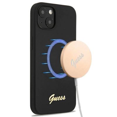 Guess GUHMP13MLSLMGBK iPhone 13 6.1" schwarz/schwarz Hardcase Silikon Script Gold Logo Magsafe