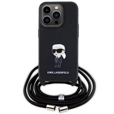 2. Karl Lagerfeld Umhängetasche mit Saffiano-Monogramm und Metallnadel, Karl & Choupette-Hülle für iPhone 15 Pro – Schwarz