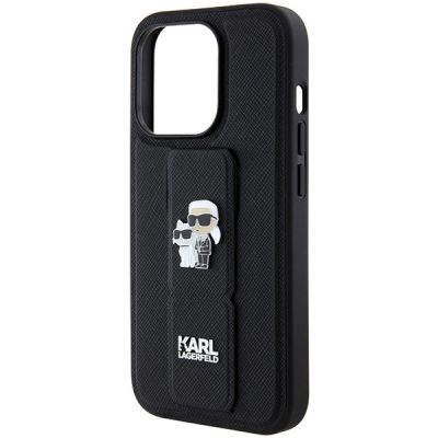 6. Karl Lagerfeld Gripstand Saffiano Karl&Choupette Pins Hülle für iPhone 14 Pro – Schwarz