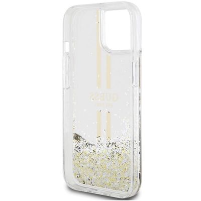 7. Guess Liquid Glitter Gold Stripes Hülle für iPhone 15 Plus / 14 Plus – transparent