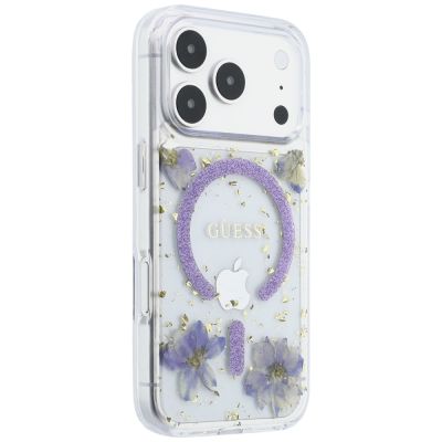 4. Guess Resin Flowers Glitter MagSafe Hülle für iPhone 18 Pro / 17 Pro - Lila