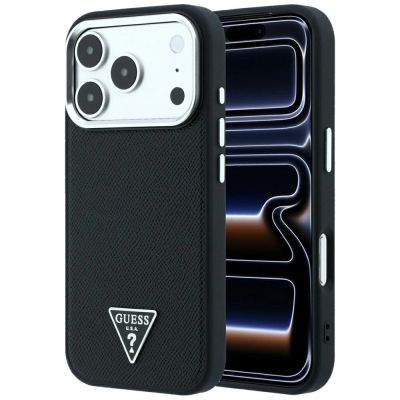 Guess MagSafe-Hülle mit genarbtem Dreieckslogo für iPhone 17 Pro / 18 Pro – Schwarz