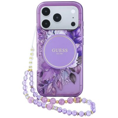 Guess IML Flowers Pearl Strap MagSafe Hülle für iPhone 18 Pro / 17 Pro – lila