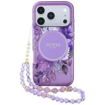 Guess IML Flowers Pearl Strap MagSafe Hülle für iPhone 18 Pro / 17 Pro – lila