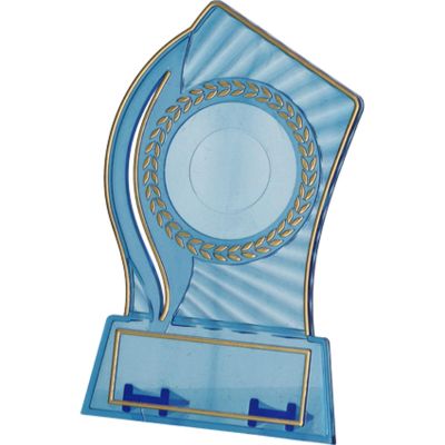 8. Trophäe aus transparentem, goldfarbenem Kunststoff mit Platz für einen 25/40-mm-Aufkleber und eine 56 mm × 18 mm große TM-Plakette.