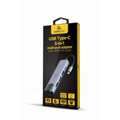 5. GEMBIRD MULTI-ADAPTER USB TYP-C 5IN1 (HUB + HDMI + PD + KARTENLESER + LAN) SILBER