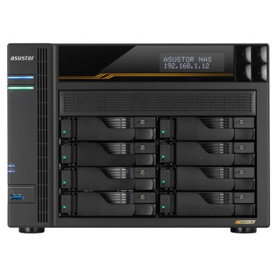 3. NAS Asustor AS6808T; Tower; 8x (3,5" SATA HDD/ 2,5" SSD); AMD Ryzen Embedded V3C14; 16 GB ECC DDR5 SODIMM (max. 64 GB), 2x 10GbE, 2x 5GbE, 4x M.2 2280 NVMe PCIe 4.0, 2x USB 4.0, 2x USB 3.2 Gen, 1x optionale 10GbE-Karte
