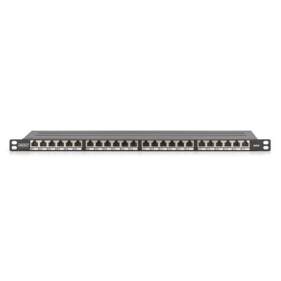 16. Hochdichtes Patchpanel 19 Zoll, 24x RJ45, LSA-Level, Cat. 6, geschirmt, 0,5 HE, schwarz, Kabelführung
