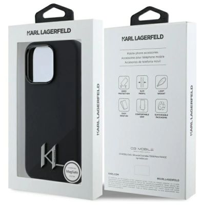 8. Karl Lagerfeld Silikon-Schutzhülle mit Shadow Metal Initialen und MagSafe-Design für iPhone 16 Pro – Schwarz