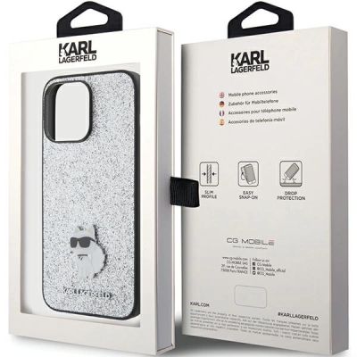 8. Karl Lagerfeld Feste Glitzer-Choupette-Logo-Metallpin-Hülle für iPhone 15 Pro Max – Silber