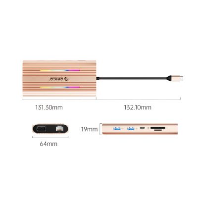 3. Orico XDR 12-in-1 RGB USB-C Dockingstation (3x USB-A, USB-C PD, 100W HDMI, 4K, VGA, RJ45, Gigabit-SD- und microSD-Kartenleser) – Roségold