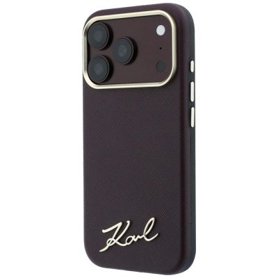 2. Karl Lagerfeld Saffiano MagSafe-Hülle mit kleinem Schriftzug und Metalllogo für iPhone 17 Pro / 18 Pro – bordeauxrot