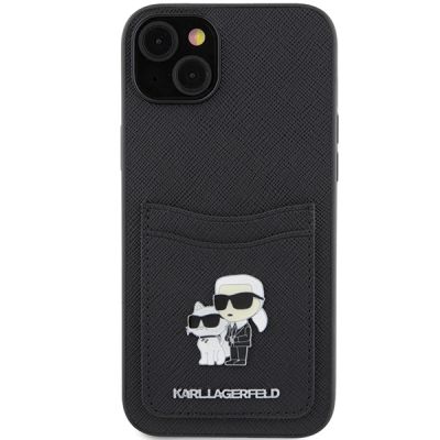 3. Karl Lagerfeld Saffiano Cardslot Karl&Choupette Metal Pin Hülle für iPhone 15 – Schwarz