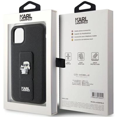8. Karl Lagerfeld Gripstand Saffiano Karl&Choupette Pins Hülle für iPhone 11 / Xr – Schwarz