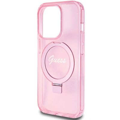 6. Guess Ring Stand Script Glitter MagSafe-Hülle für iPhone 15 Pro Max – Rosa
