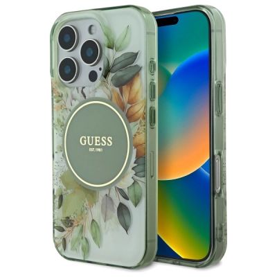 Guess IML Flower & Tonal Circle MagSafe Hülle für iPhone 16 Pro – Grün