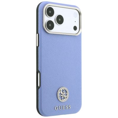 4. Guess MagSafe Hülle mit genarbtem, rundem Strass-Logo für iPhone 18 Pro Max / 17 Pro Max – Blau