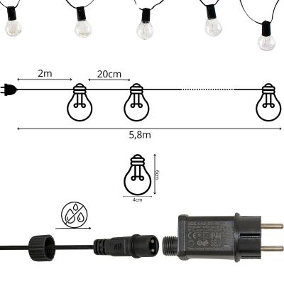 17. Lichterkette für den Außenbereich, 20 Glühbirnen, 100 LEDs, 5,8 m, 230 V