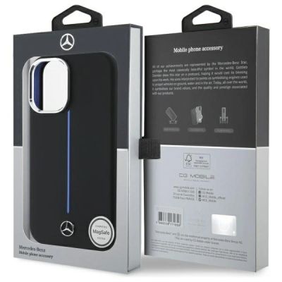 8. Mercedes Silikonhülle mit blauem Streifen und MagSafe-Funktion für iPhone 16 – Schwarz