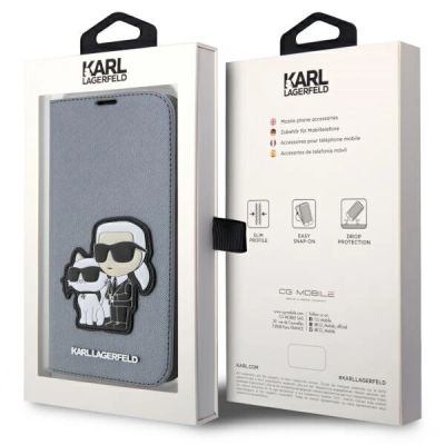 7. Karl Lagerfeld KLBKP14LSANKCPG iPhone 14 Pro 6,1" Bücherregal Silber/Silber Saffiano Karl & Choupette
