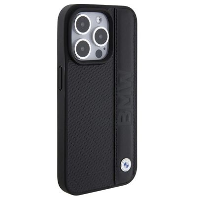 4. BMW Lederhülle mit Textur und Streifen für iPhone 15 Pro – Schwarz