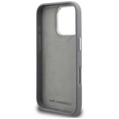 7. Karl Lagerfeld FW Grained Karl & Choupette Heads Pins Hülle für iPhone 16 Pro - Grau