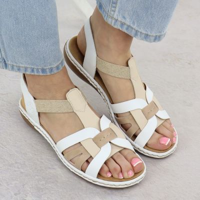 7. Bequeme Damen-Sandalen zum Hineinschlüpfen mit elastischen Riemen, weiß, Rieker 65918-81