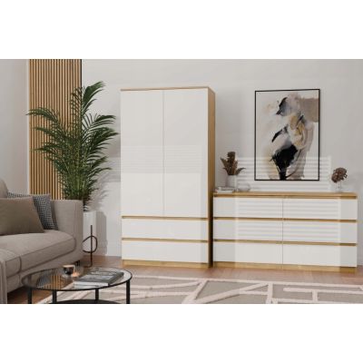 10. M6 MALWA Kommode 140 cm 6 Schubladen Kunst/Weiß Set