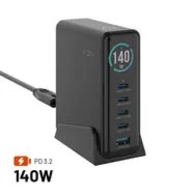 Fixed GaN 140 Ladegerät, 1× USB-A, 4× USB-C, 5 A (FIXCG140D-4C1A-BK)