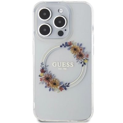 3. Guess IML Flowers Wreatch MagSafe Hülle für iPhone 15 Pro – transparent
