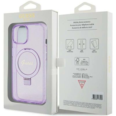 8. Guess Ring Stand Script Glitter MagSafe Hülle für iPhone 15 Plus / 14 Plus – Lila