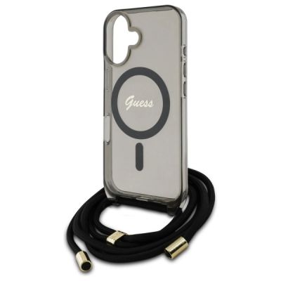 5. Guess Crossbody Cord Script MagSafe Hülle für iPhone 16 – Schwarz