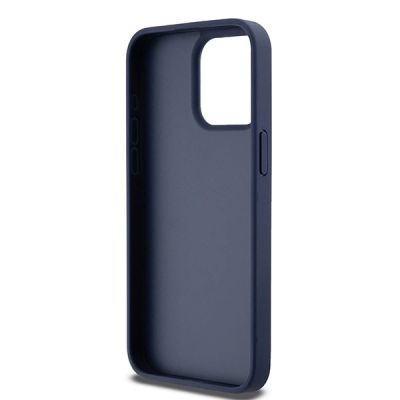 7. DKNY Lederhülle mit Monostreifen und Metalllogo für iPhone 15 Pro Max – Blau