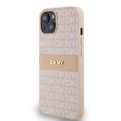 2. DKNY Lederhülle mit Monostreifen und Metalllogo für iPhone 15 / 14 / 13 – Rosa