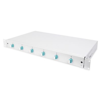 2. FO-Patchpanel mit Geräten, 19 Zoll, 1 HE, 6x LC DX, OM3, Anschlusskabel, Adapter, Einschubfächer, verschiebbar, grau