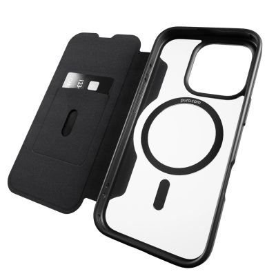 10. Puro Book Mag MagSafe Lederhülle mit Flip und Kartensteckplatz für iPhone 16 Pro – Schwarz