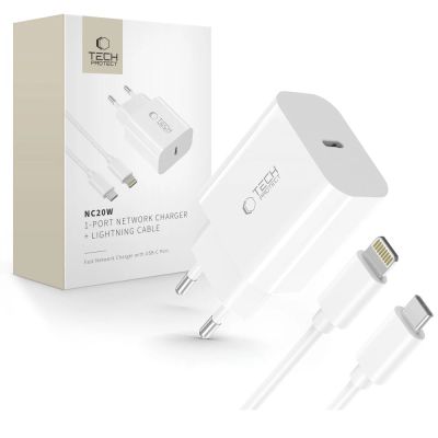 Tech-Protect NC20W Wandladegerät mit 100 cm USB-C-/Lightning-Kabel – Weiß
