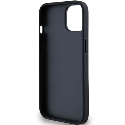 7. DKNY Leder-Monostreifen- und Metall-Logo-Hülle für iPhone 15 Plus / 14 Plus – Schwarz