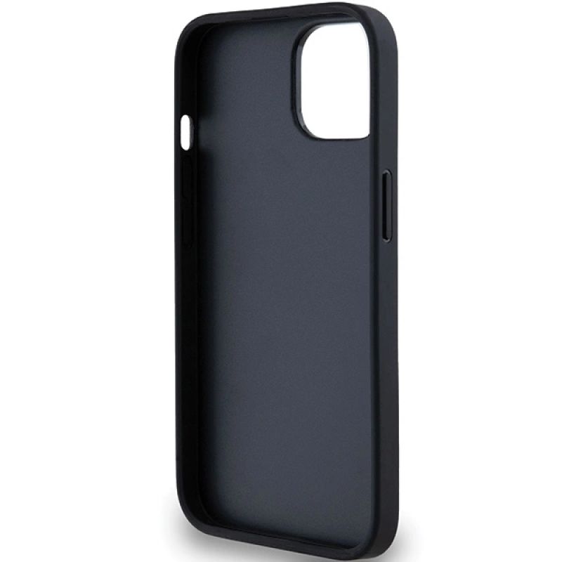 7. DKNY Leder-Monostreifen- und Metall-Logo-Hülle für iPhone 15 Plus / 14 Plus – Schwarz