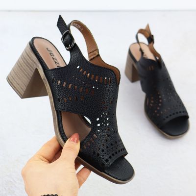 Schwarze, durchbrochene Damen-Sandalen mit hohem Absatz, Jezzi 24125