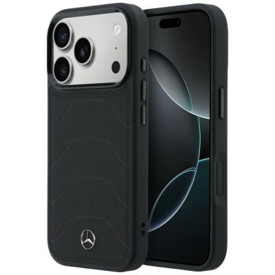 Mercedes Leder-Mesh-Hülle mit Bow Line MagSafe für iPhone 17 Pro – Schwarz