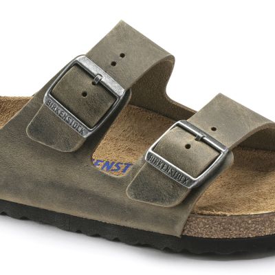 2. Birkenstock Arizona Soft Footbed Oiled Leather Narrow Faded Khaki Slides für schmale Füße (1019377)