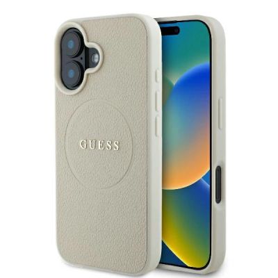 Guess Grained Ring MagSafe-Hülle für iPhone 16 – Beige