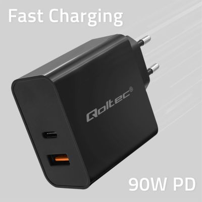 4. QOLTEC Super-Schnellladegerät mit Power Delivery | 1x USB-C | 1x USB | 90 W | 5–20 V | 2,4–4,35 A | Schwarz