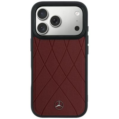 3. Mercedes Lederhülle mit gekreuzten Linien und MagSafe-Design für iPhone 17 Pro / 18 Pro – bordeauxrot