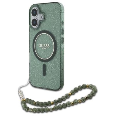 Guess IML Glitter With Pearl Strap MagSafe-Hülle für iPhone 16 Plus – Grün