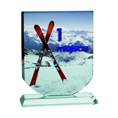 7. Glastrophäe mit LuxorJet-Farbdruck, Gravur, Farbfüllung und Etui