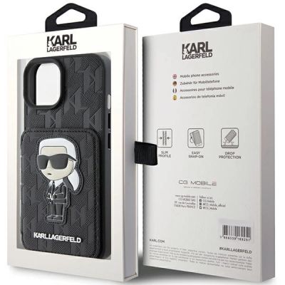 9. Karl Lagerfeld Saffiano Cardslots and Stand Monogram Ikonik Patch Hülle für iPhone 15 – Schwarz