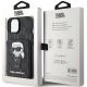 9. Karl Lagerfeld Saffiano Cardslots and Stand Monogram Ikonik Patch Hülle für iPhone 15 – Schwarz